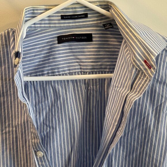 Tommy Hilfiger Shirt Men Size Medium Blue/White Slim Fit Long Sleeve Button Down - Picture 3 of 5